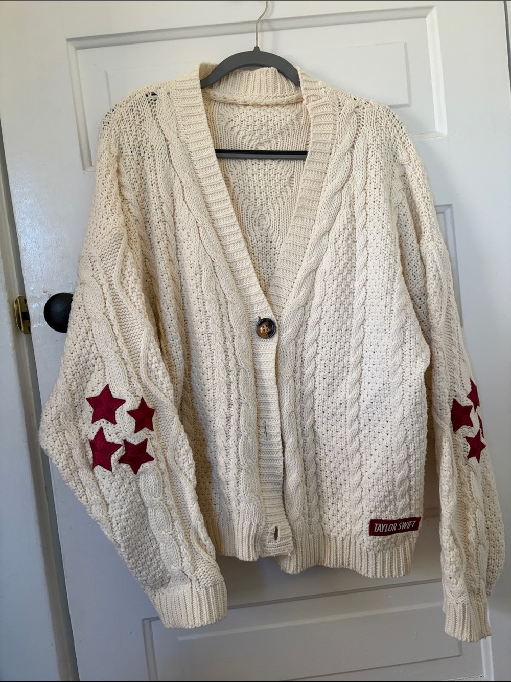 Taylor Swift Cream Cable Cardigan with Burgundy Star Patches